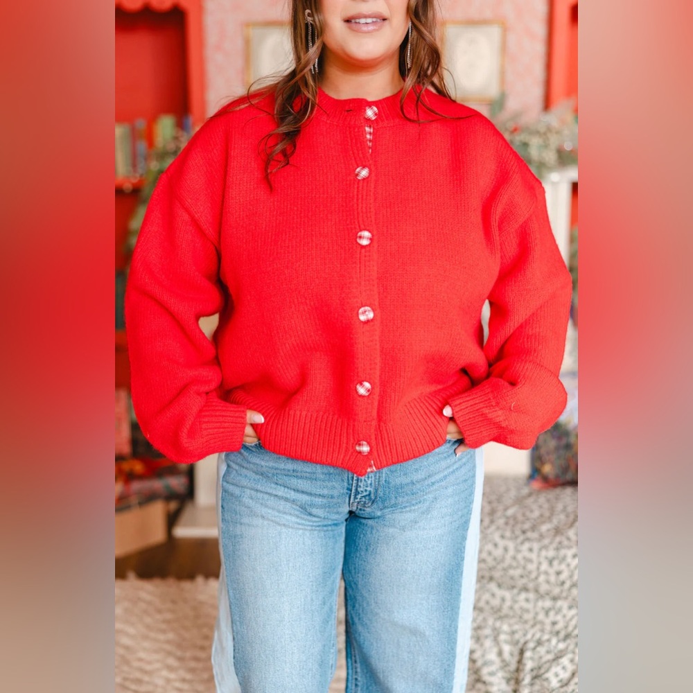 Poinsettia Plaid-Button Cardigan